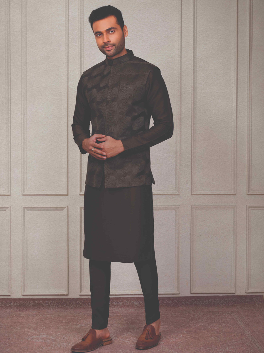 Chocolate Silk Woven Groom Wedding Kurta