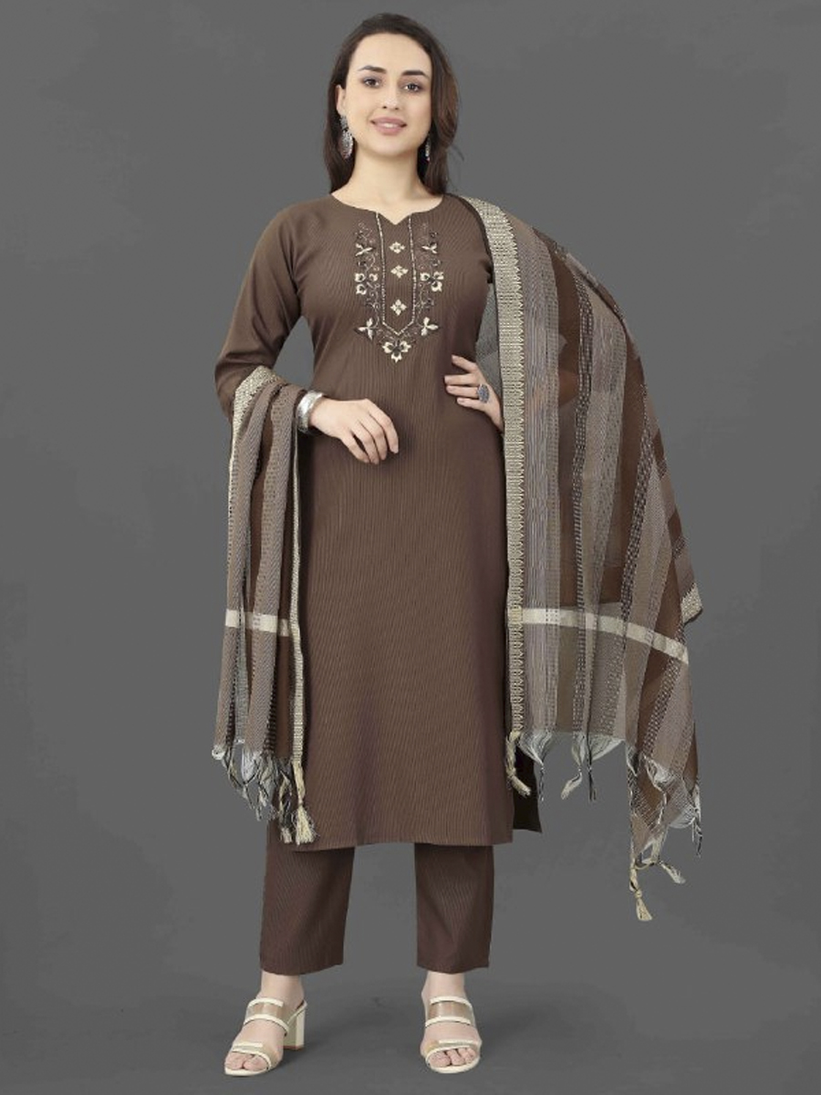 Coffee Cotton Blend Handwoven Festival Casual Ready Pant Salwar Kameez