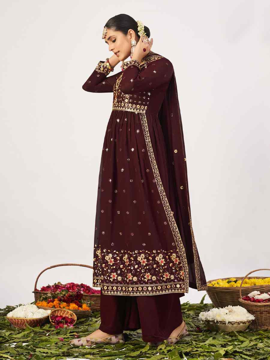 Coffee Georgette Embroidered Festival Wedding Palazzo Pant Salwar Kameez