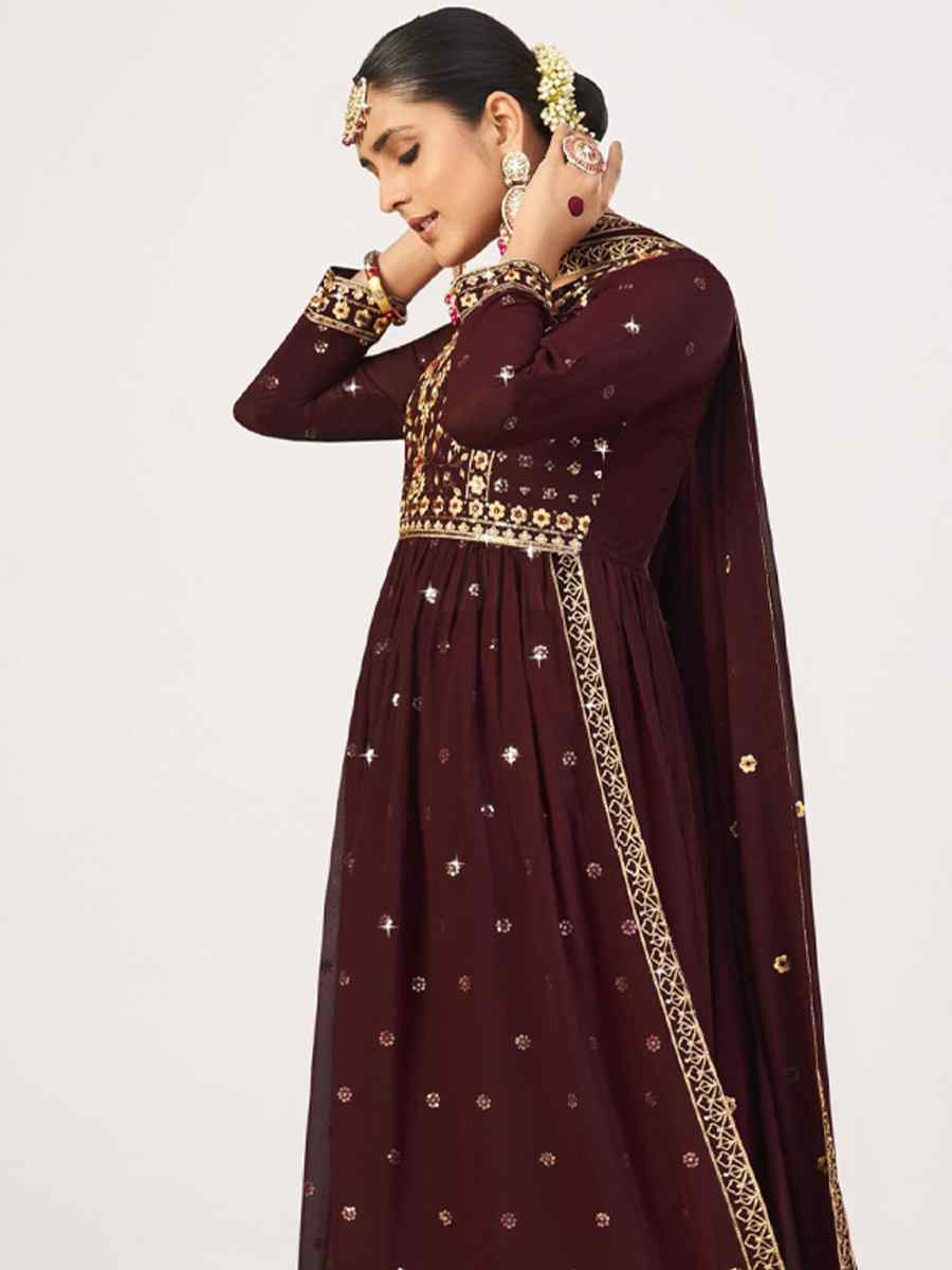 Coffee Georgette Embroidered Festival Wedding Palazzo Pant Salwar Kameez