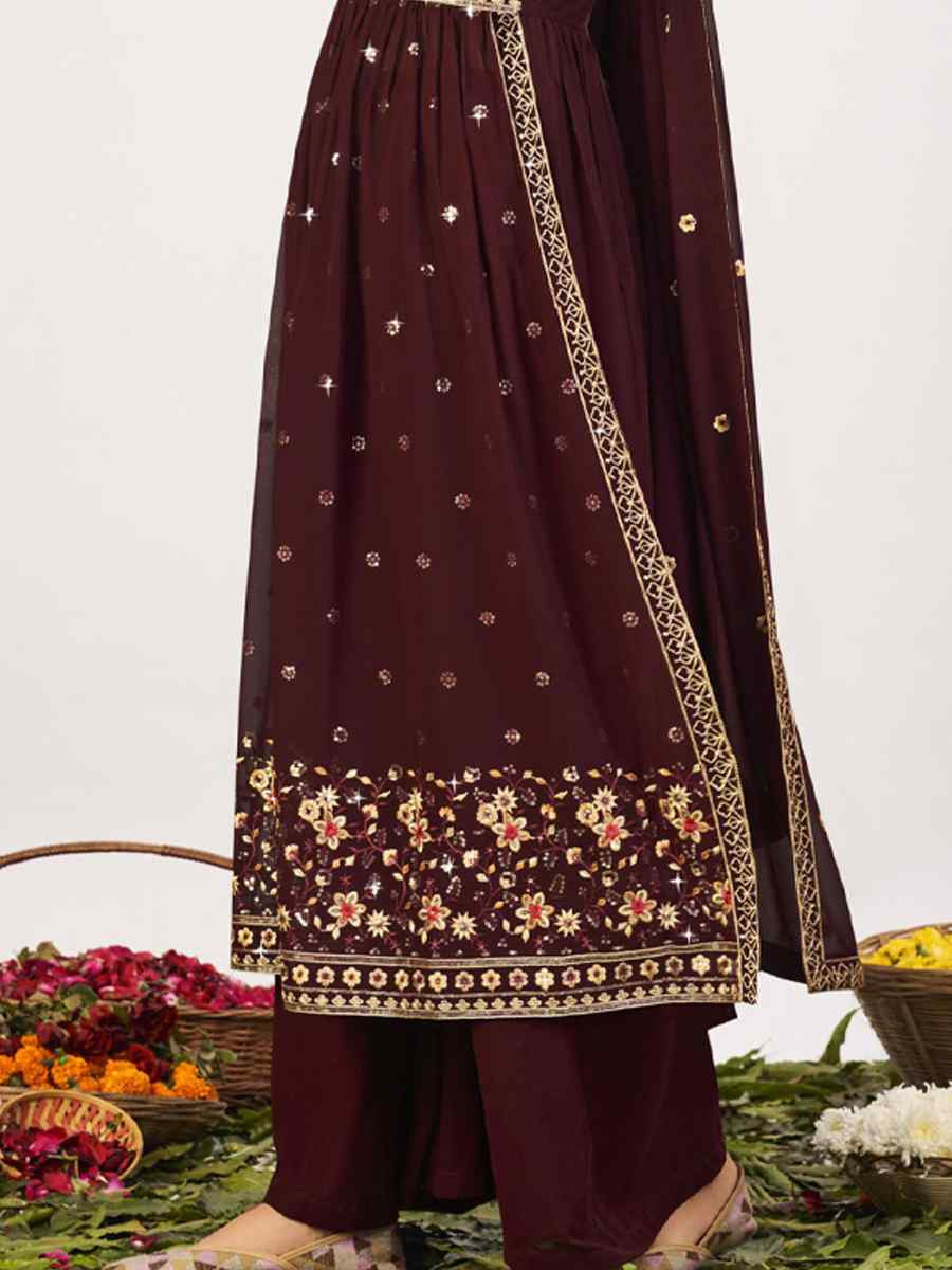 Coffee Georgette Embroidered Festival Wedding Palazzo Pant Salwar Kameez