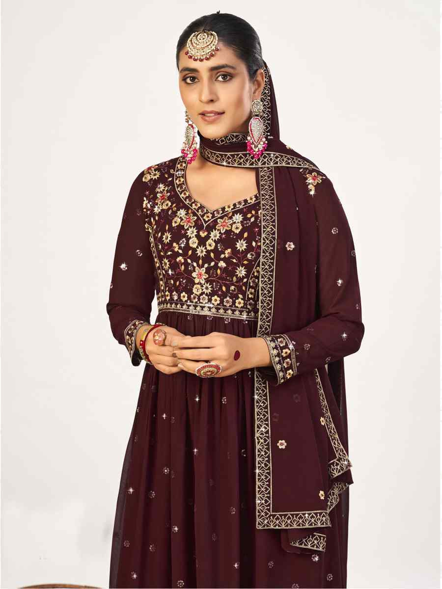 Coffee Georgette Embroidered Festival Wedding Palazzo Pant Salwar Kameez