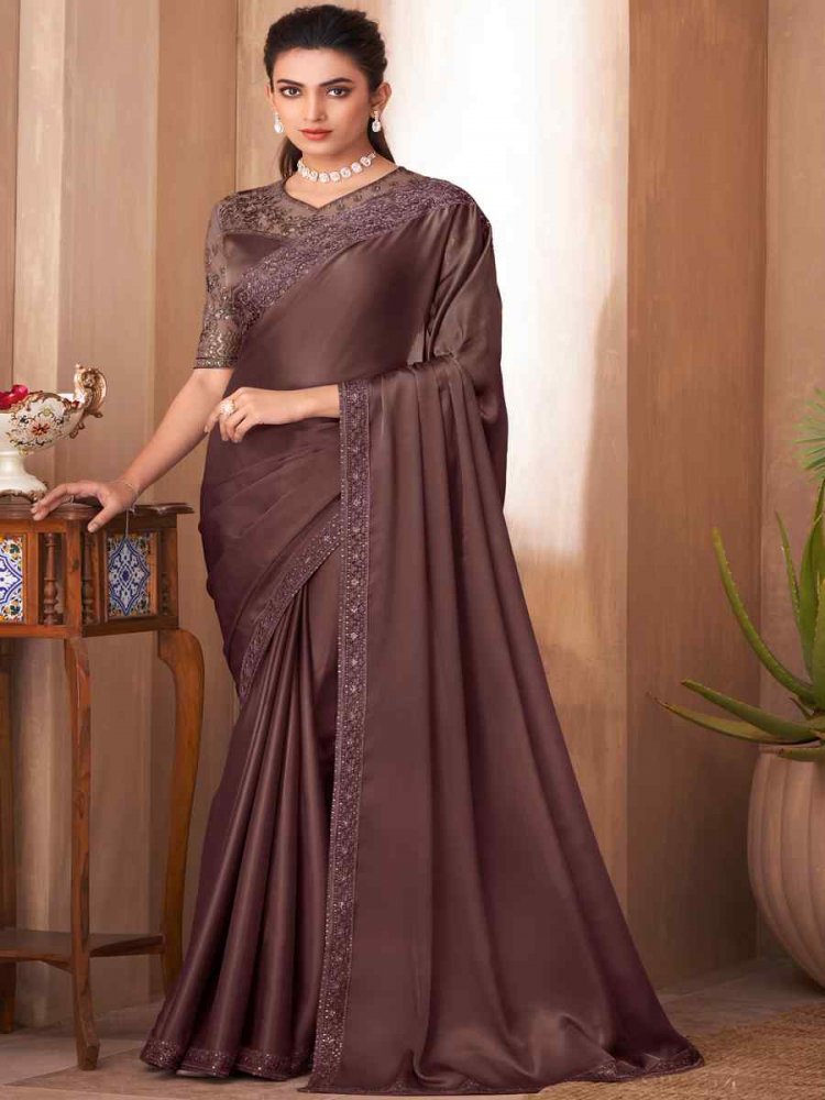 Coffee Glass Silk Embroidered Party Reception Heavy Border Saree
