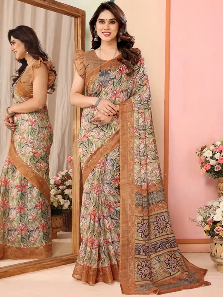 Coffee Kota Doriya Printed Festival Casual Contemporary Saree