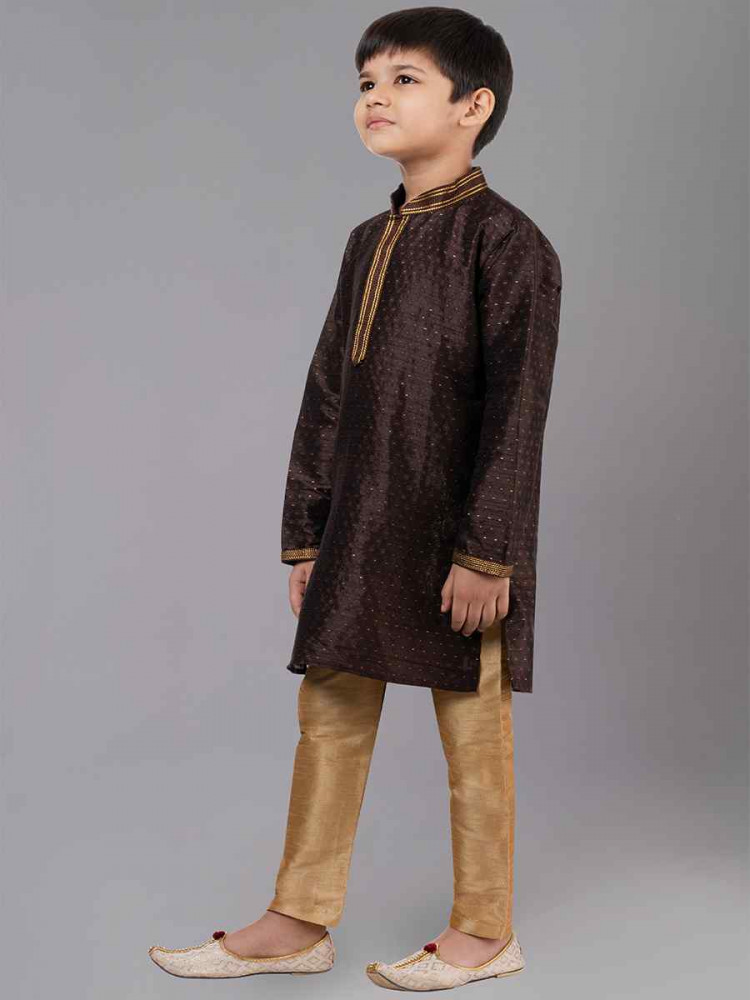 Coffee Polyester Cotton  Embroidered Festival Traditional Kurta Pyjama Boys Wear