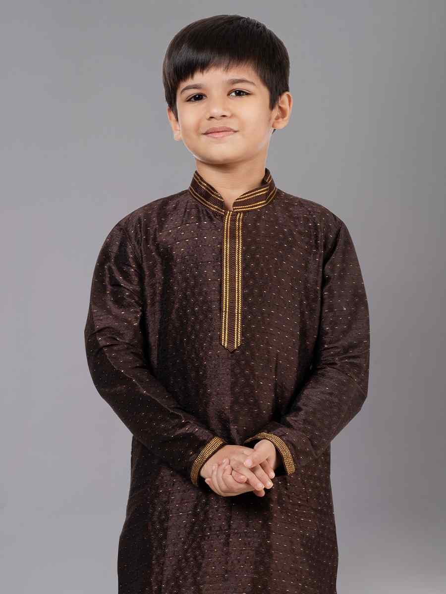 Coffee Polyester Cotton  Embroidered Festival Traditional Kurta Pyjama Boys Wear