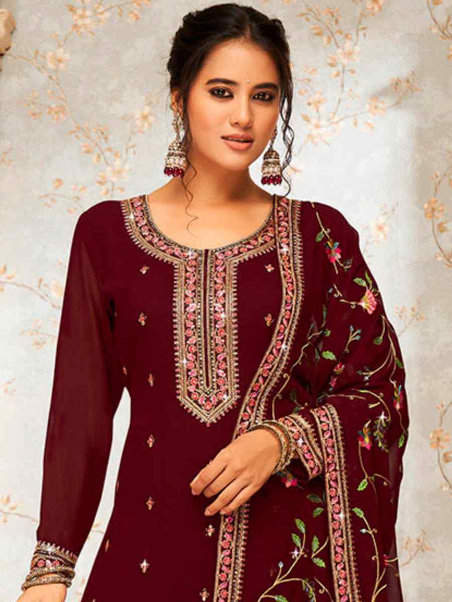 Coffee Real Georgette Embroidered Casual Festival Palazzo Pant Salwar Kameez