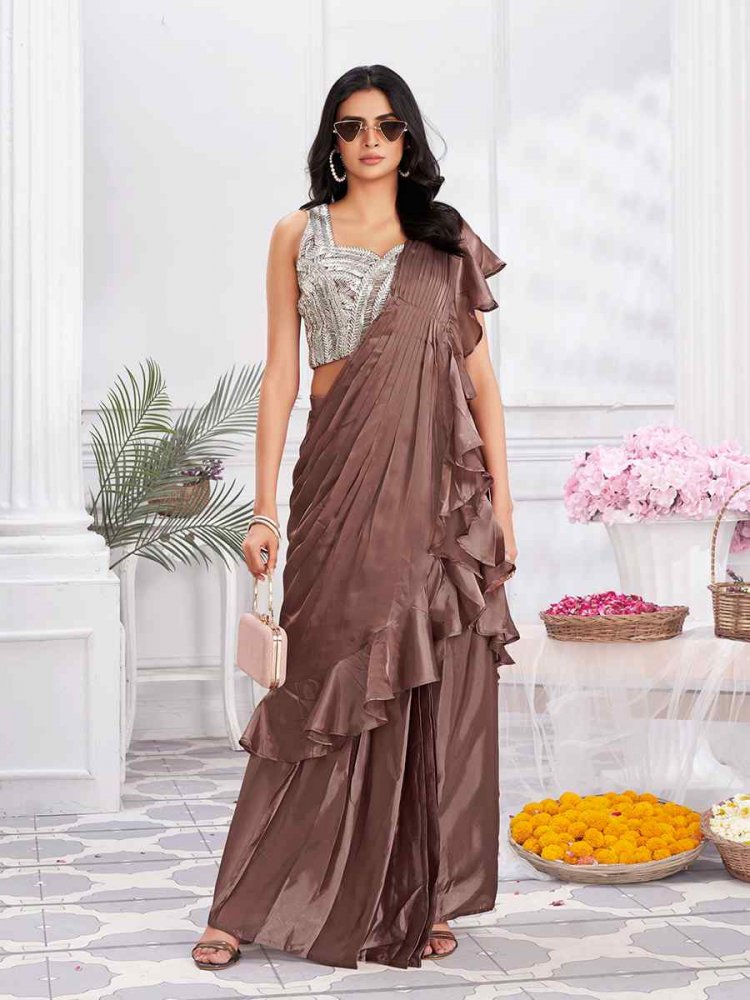 Coffee Satin Silk Fancy Embroidered Festival Casual Classic Style Saree