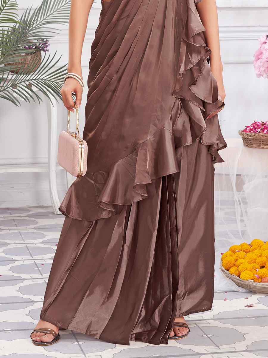 Coffee Satin Silk Fancy Embroidered Festival Casual Classic Style Saree