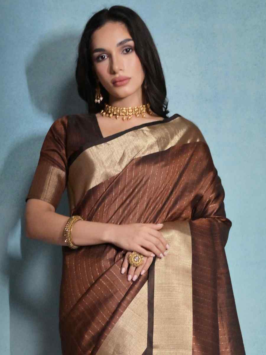 Coffee Soft Banarasi Raw Silk Handwoven Casual Festival Heavy Border Saree