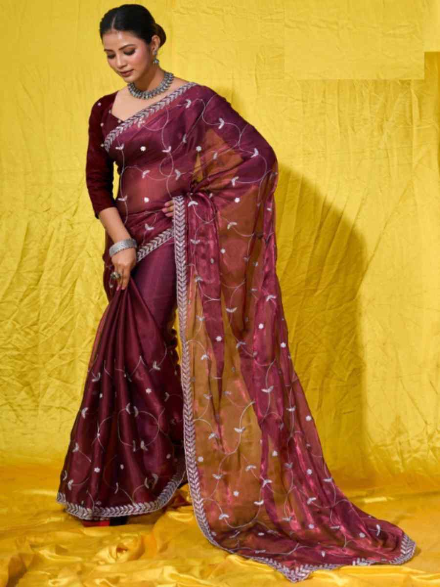 Coffee Soft Burberry Embroidered Party Reception Heavy Border Saree