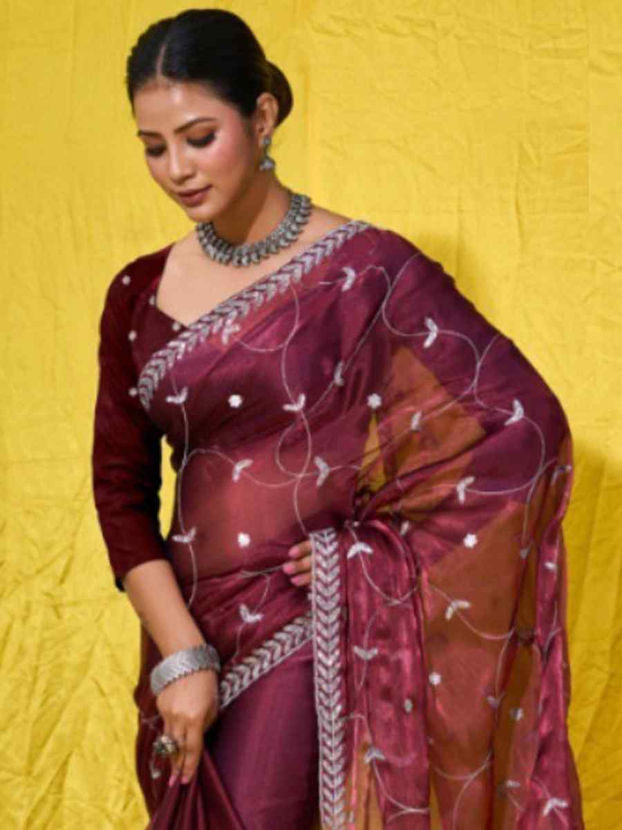 Coffee Soft Burberry Embroidered Party Reception Heavy Border Saree