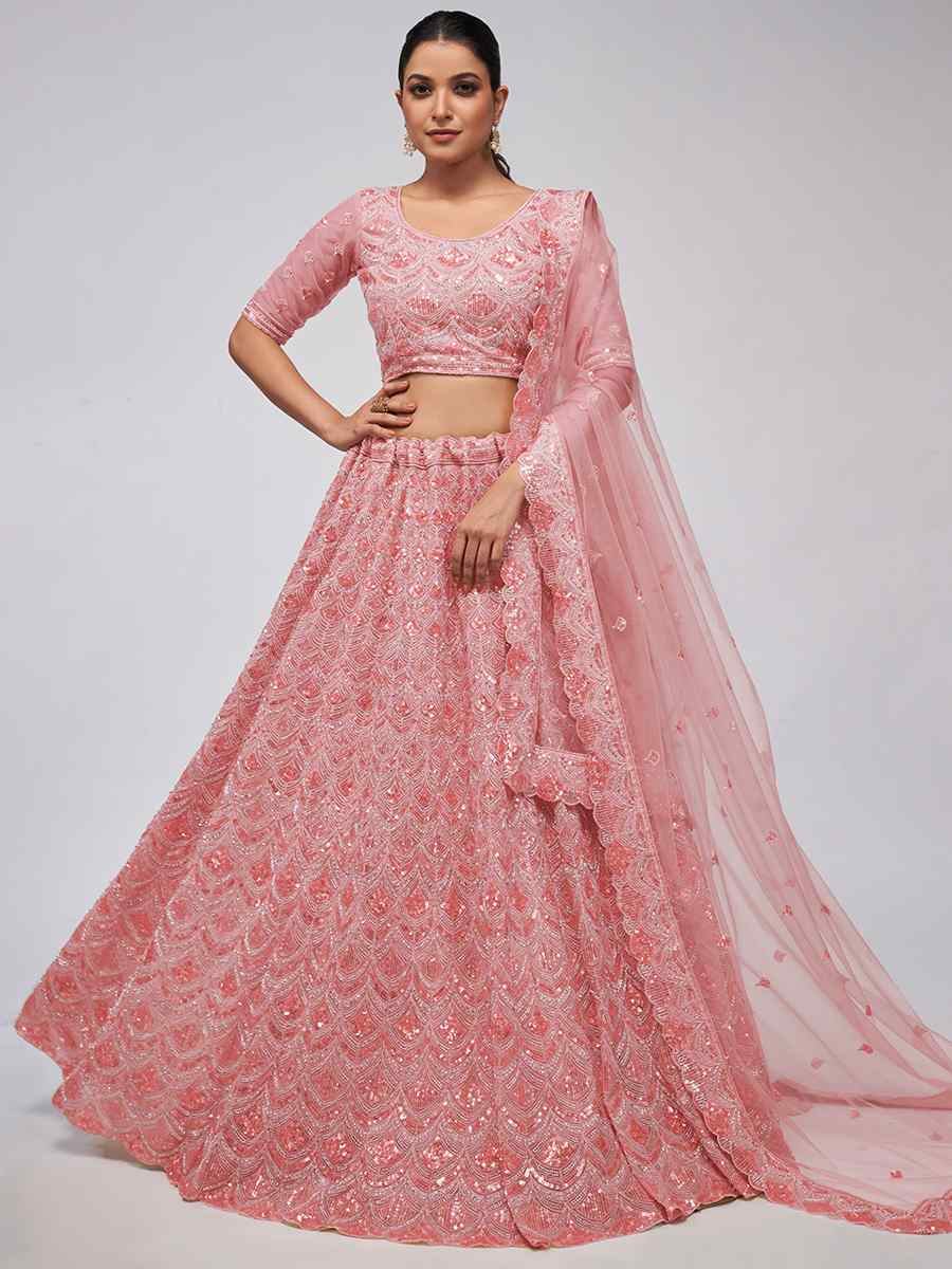 Coral Pink Soft Net Embroidery Bridesmaid Wedding Heavy Border Lehenga Choli