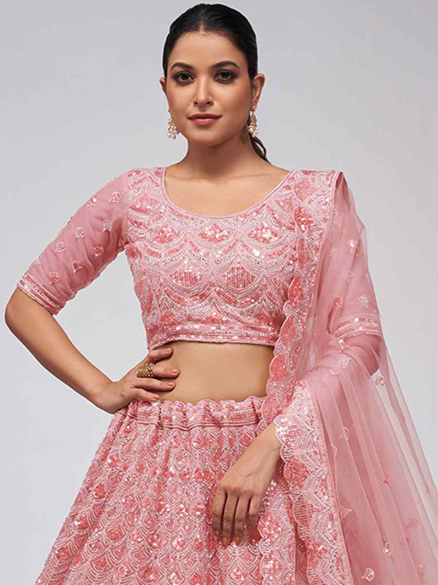 Coral Pink Soft Net Embroidery Bridesmaid Wedding Heavy Border Lehenga Choli