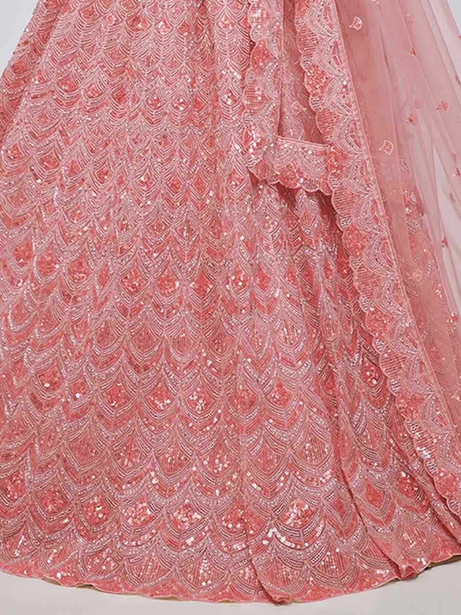 Coral Pink Soft Net Embroidery Bridesmaid Wedding Heavy Border Lehenga Choli