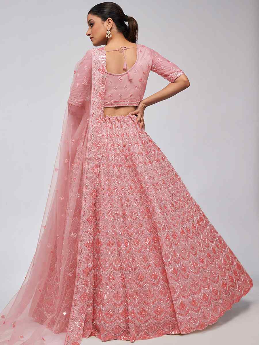 Coral Pink Soft Net Embroidery Bridesmaid Wedding Heavy Border Lehenga Choli