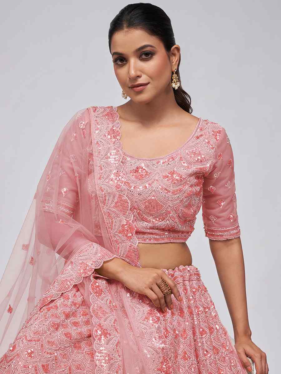 Coral Pink Soft Net Embroidery Bridesmaid Wedding Heavy Border Lehenga Choli