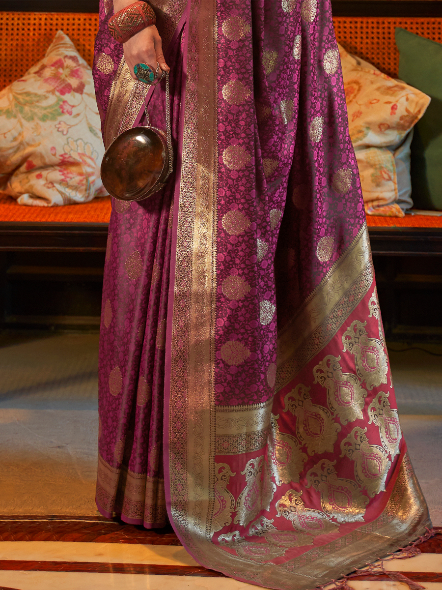 Cosmic Purple Pure Satin Silk Handwoven Wedding Festival Heavy Border Saree