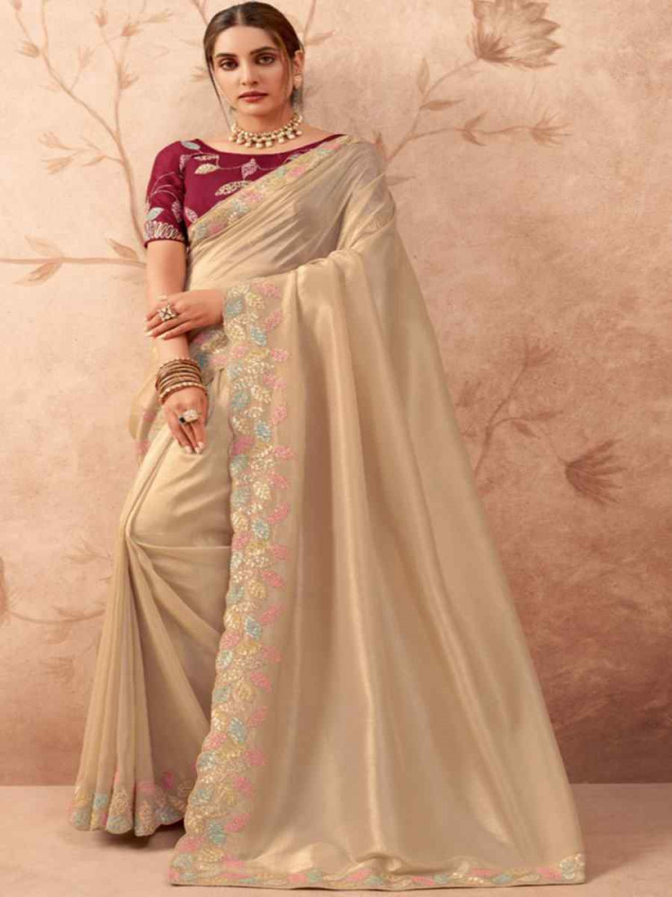 Cream Art Silk Embroidered Festival Wedding Heavy Border Saree