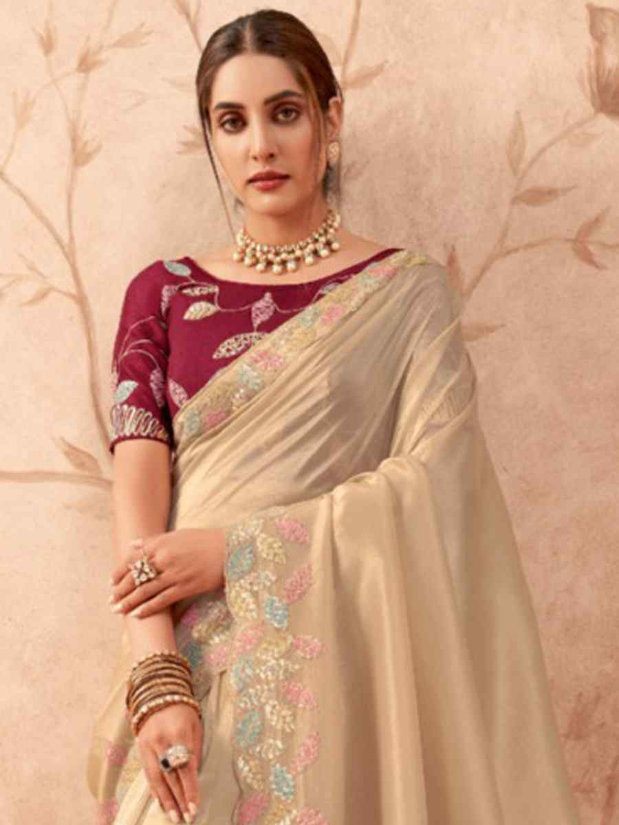 Cream Art Silk Embroidered Festival Wedding Heavy Border Saree