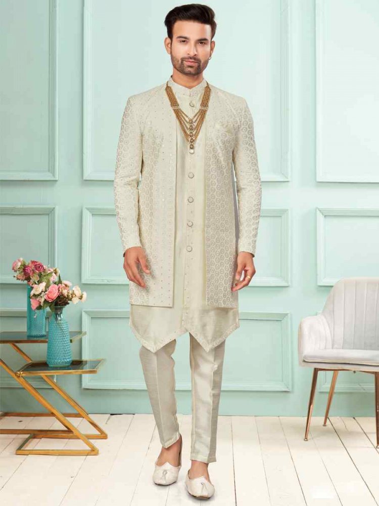 Cream Art Silk Embroidered Festival Wedding Kurta