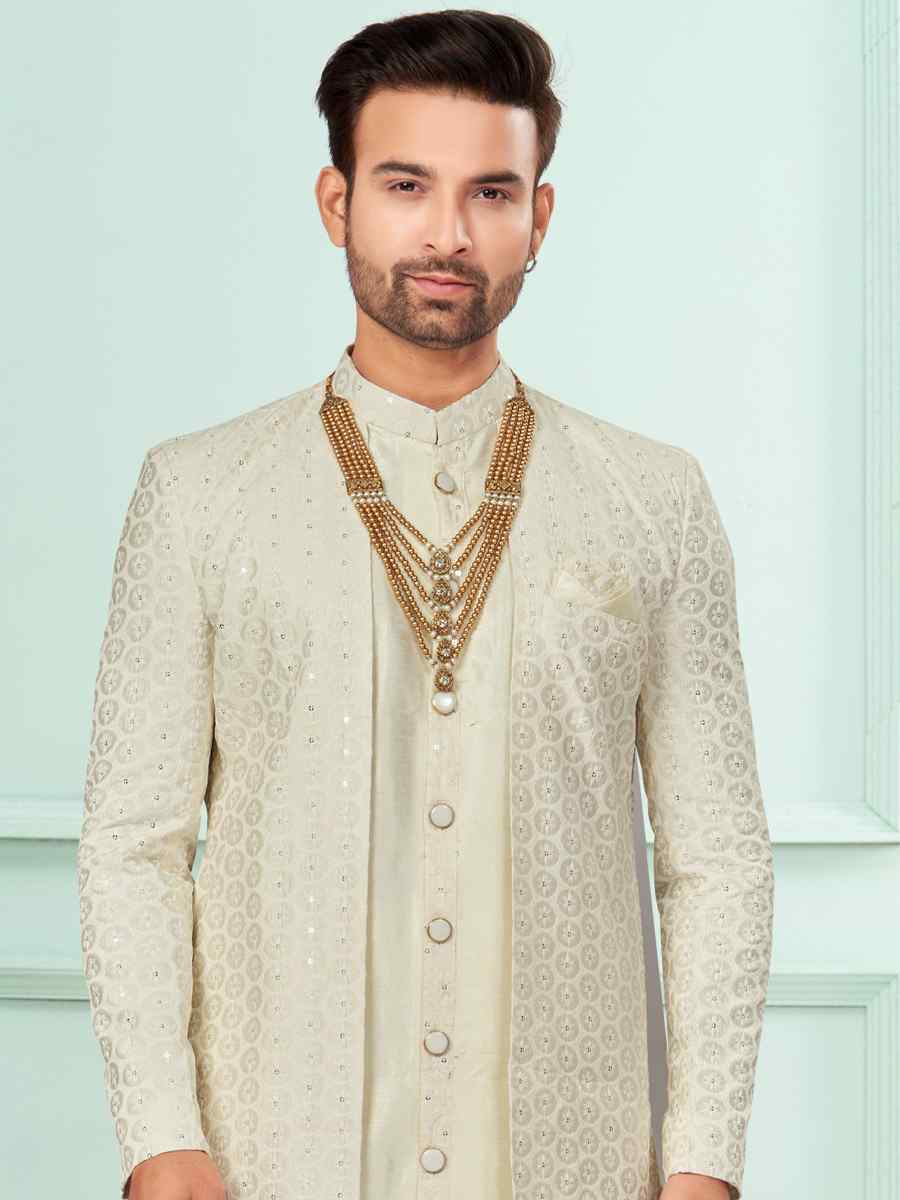 Cream Art Silk Embroidered Festival Wedding Kurta