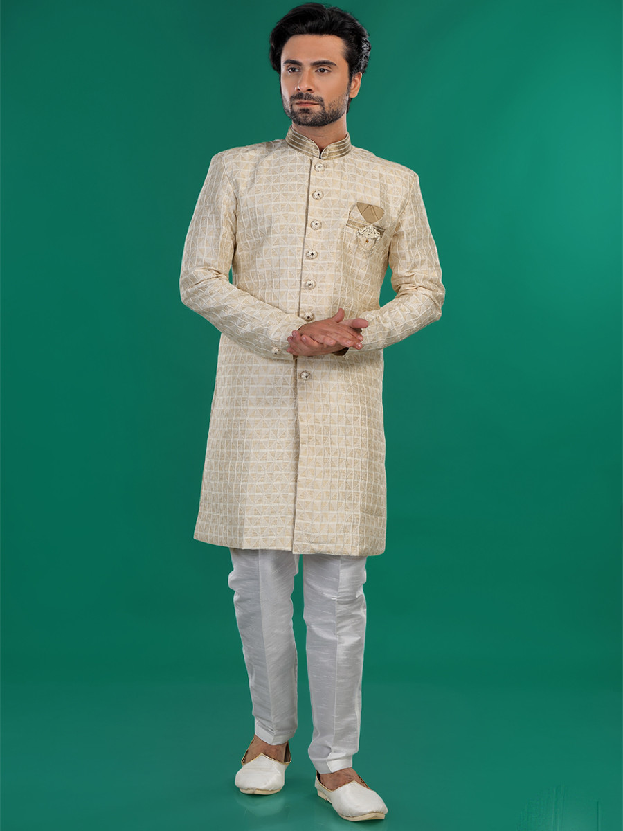 Cream Art Silk Embroidered Party Wedding Kurta