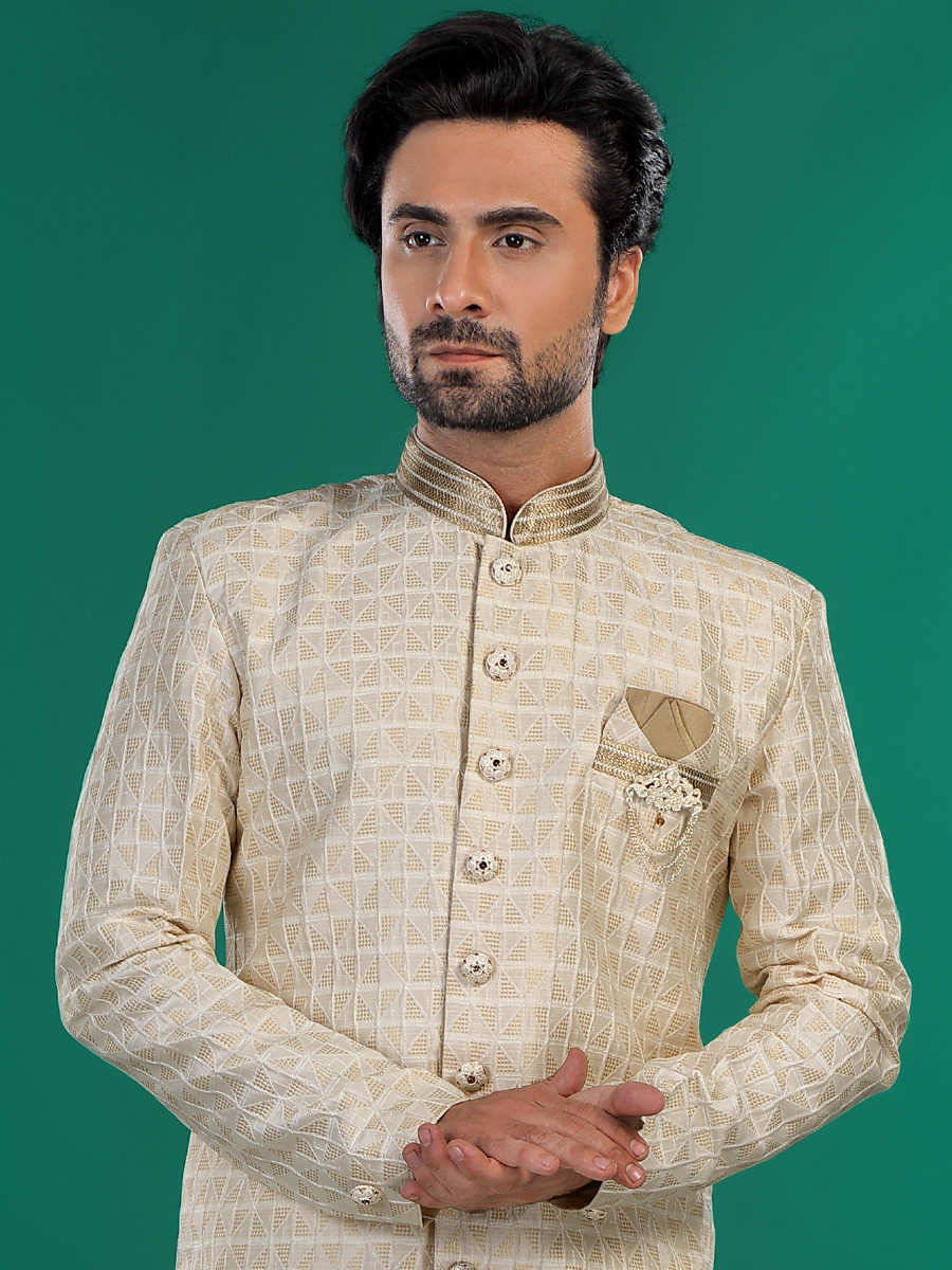 Cream Art Silk Embroidered Party Wedding Kurta