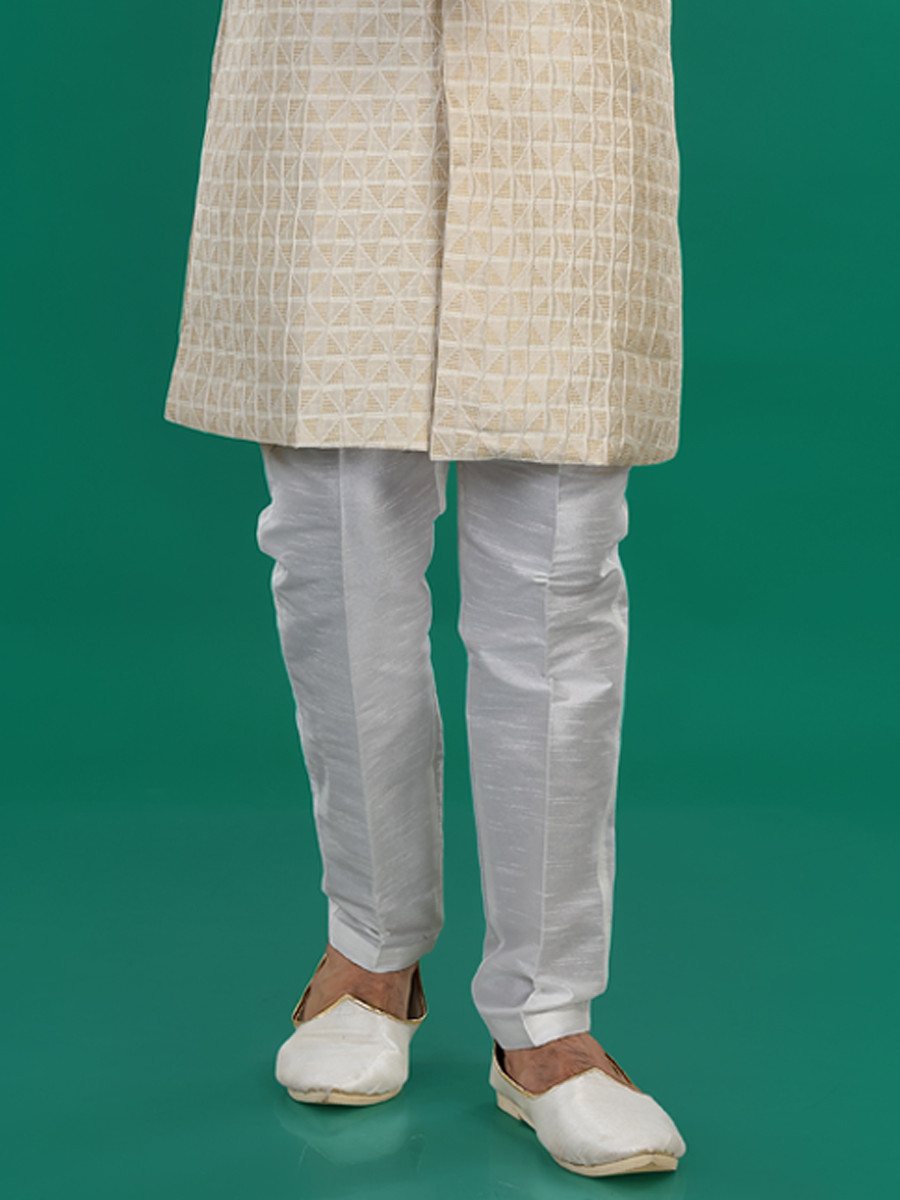 Cream Art Silk Embroidered Party Wedding Kurta