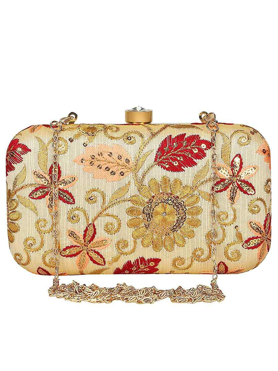 Cream Art Silk Party Wear Embroidered Clutches