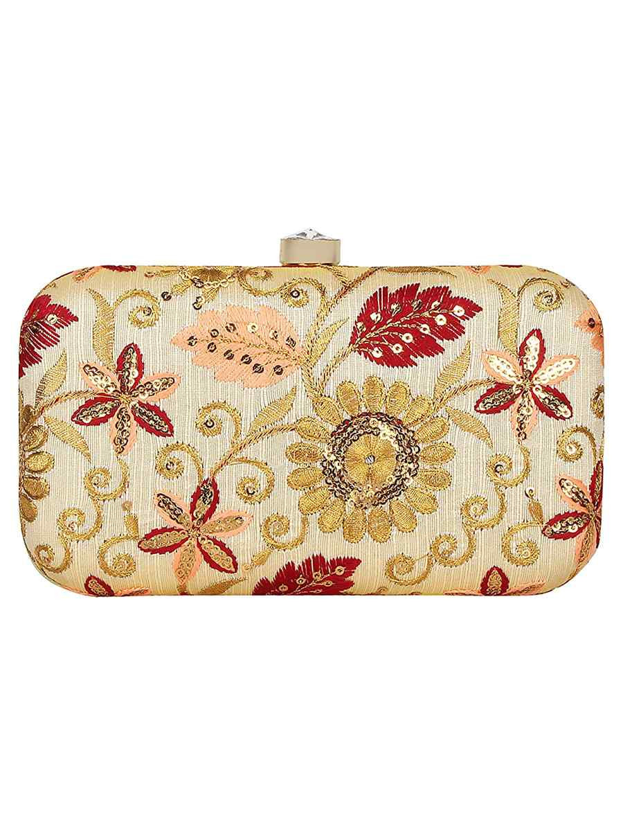 Cream Art Silk Party Wear Embroidered Clutches