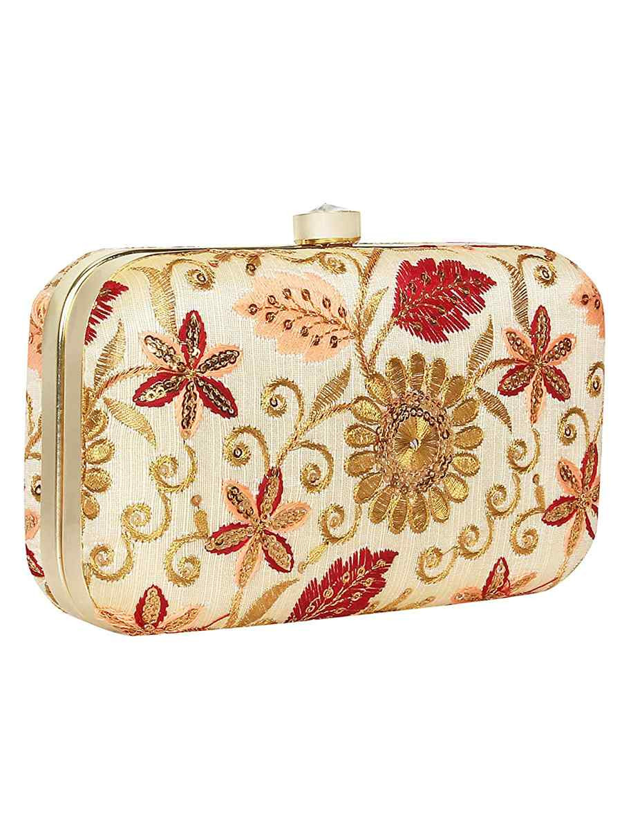 Cream Art Silk Party Wear Embroidered Clutches