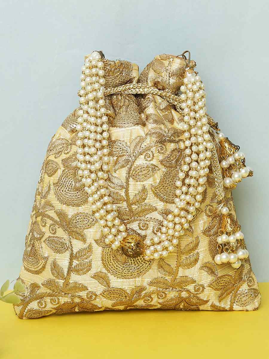 Cream Art Silk Party Wear Embroidered Clutches