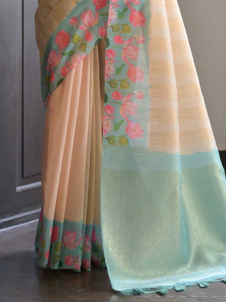 Cream Banarasi Silk Printed Festival Casual Contemporary Saree