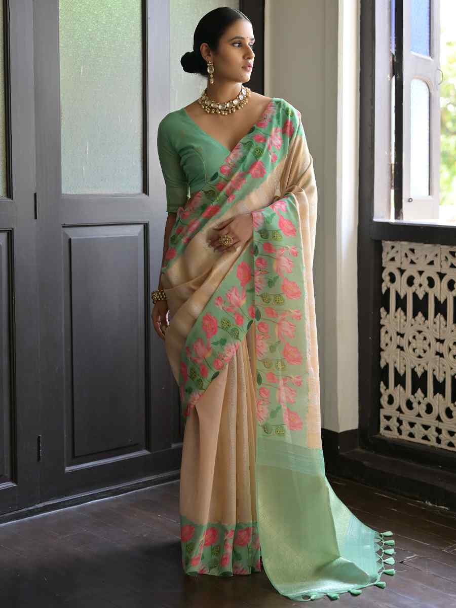 Cream Banarasi Silk Printed Festival Casual Contemporary Saree