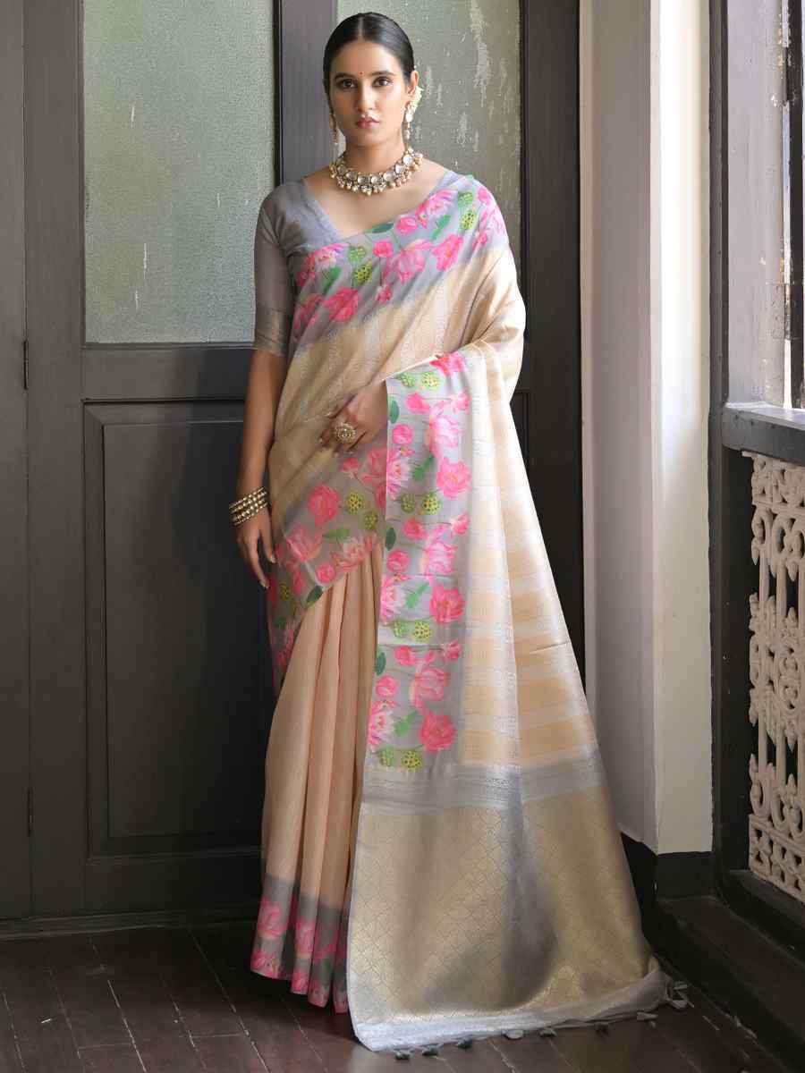 Cream Banarasi Silk Printed Festival Casual Contemporary Saree