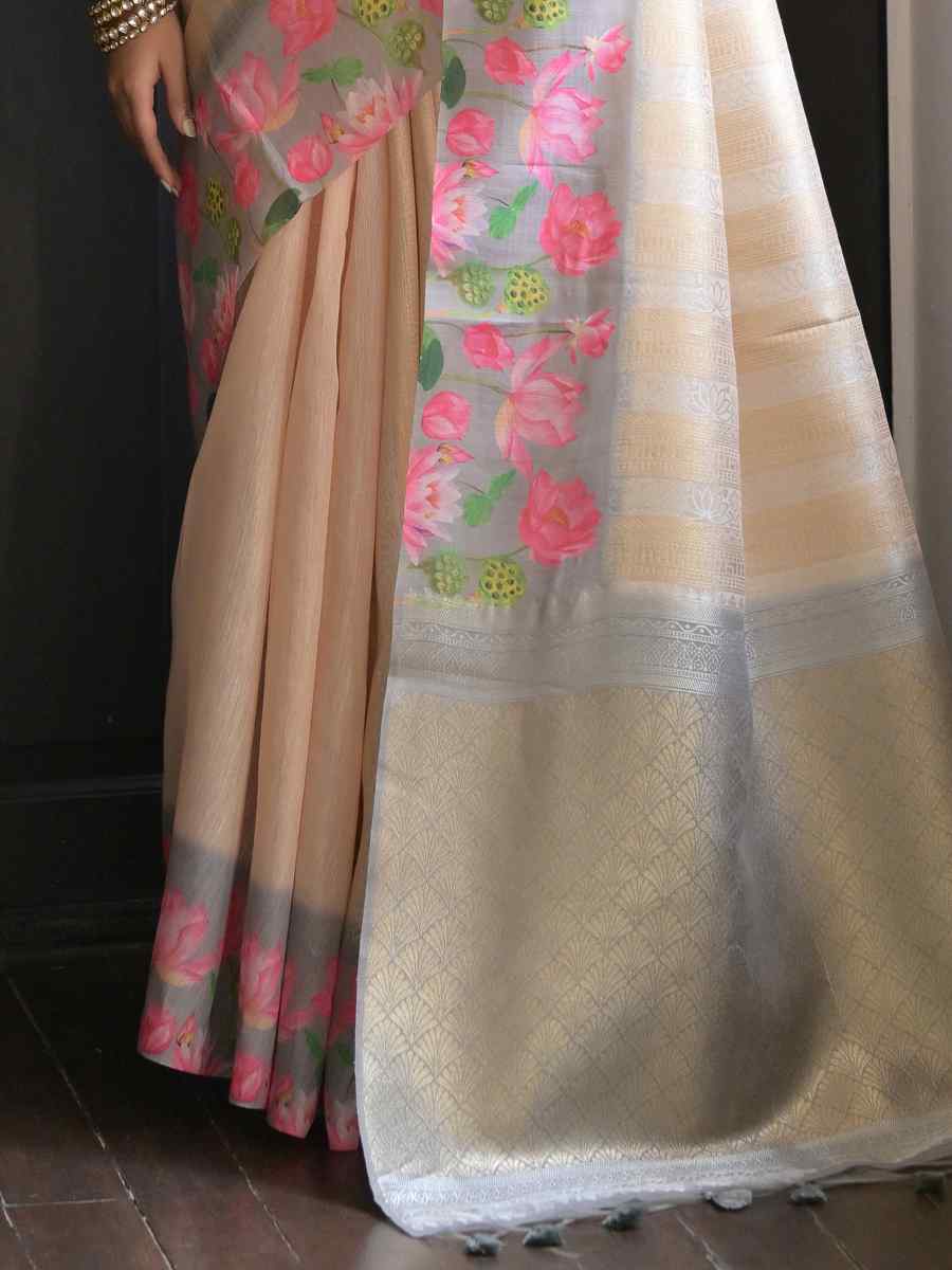 Cream Banarasi Silk Printed Festival Casual Contemporary Saree