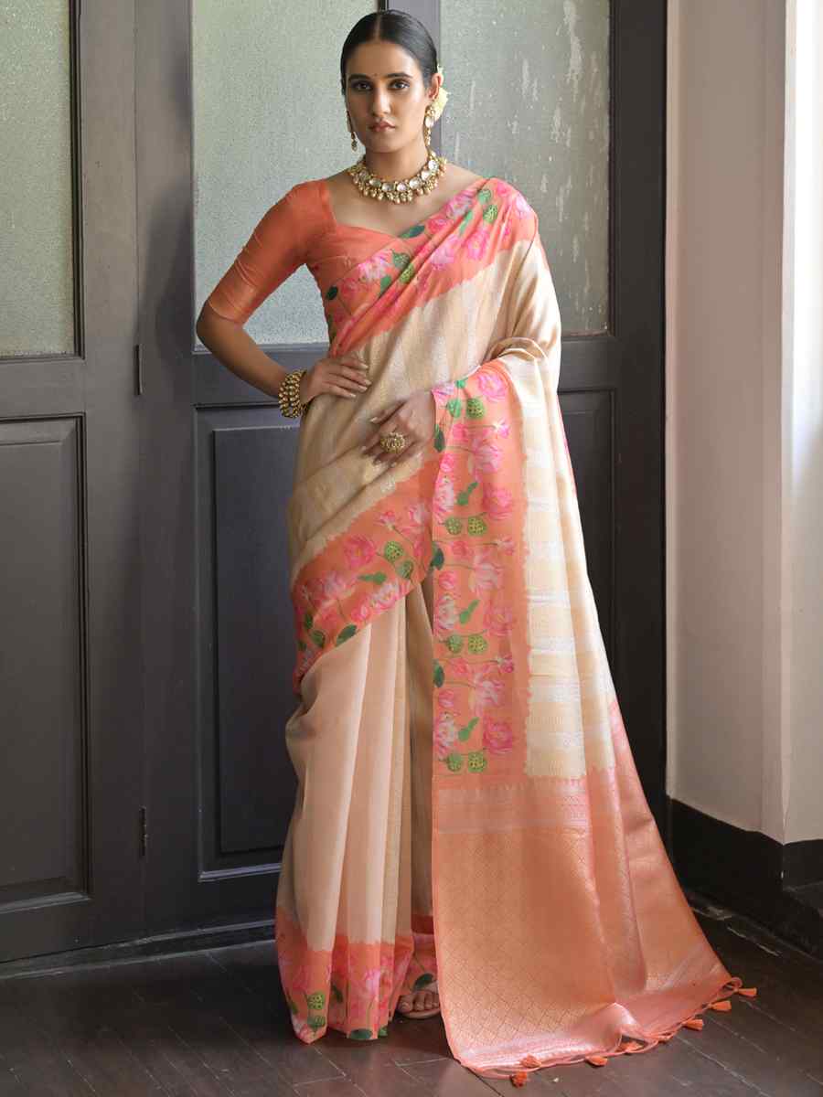 Cream Banarasi Silk Printed Festival Casual Contemporary Saree