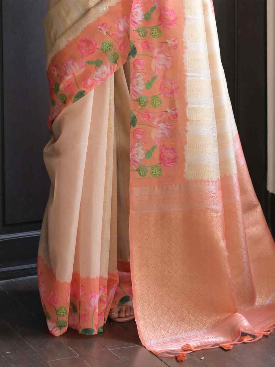 Cream Banarasi Silk Printed Festival Casual Contemporary Saree