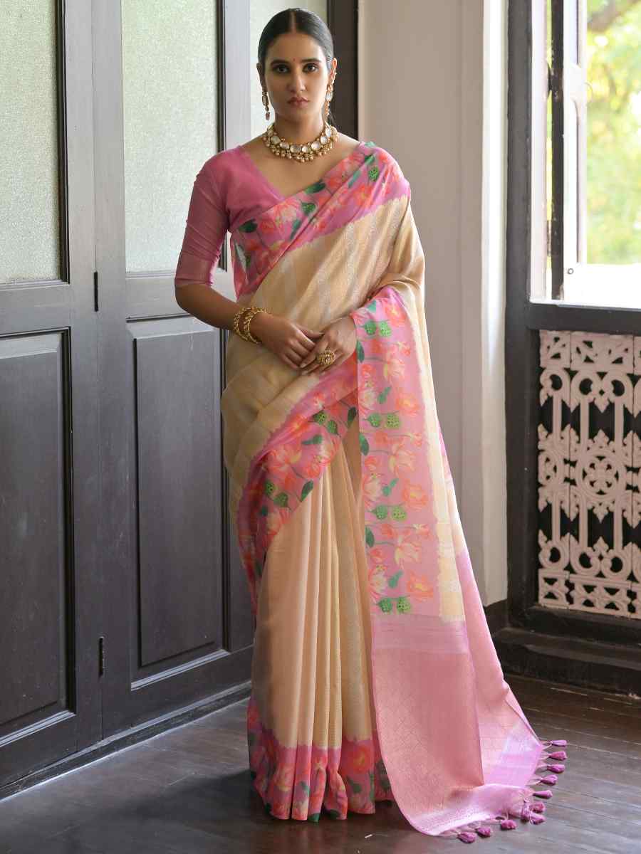 Cream Banarasi Silk Printed Festival Casual Contemporary Saree