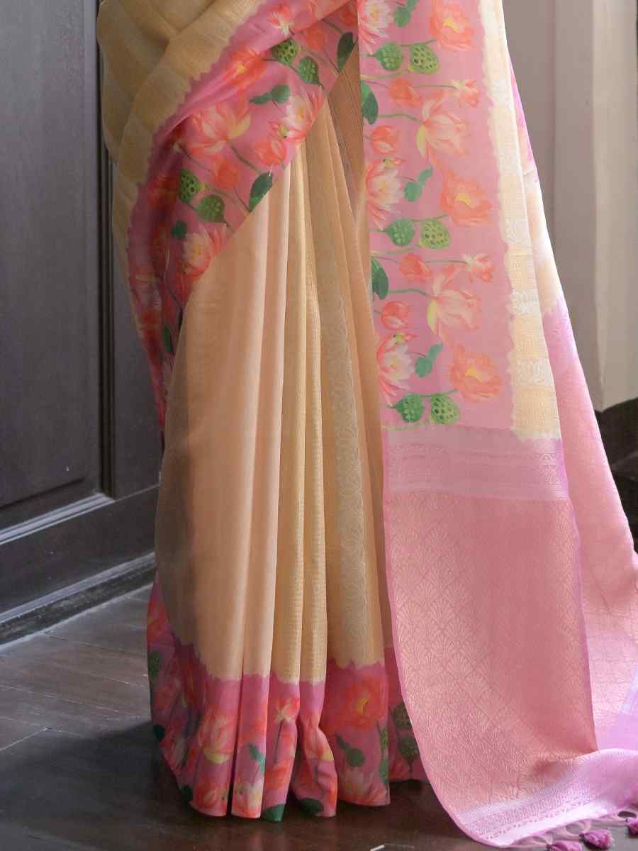 Cream Banarasi Silk Printed Festival Casual Contemporary Saree