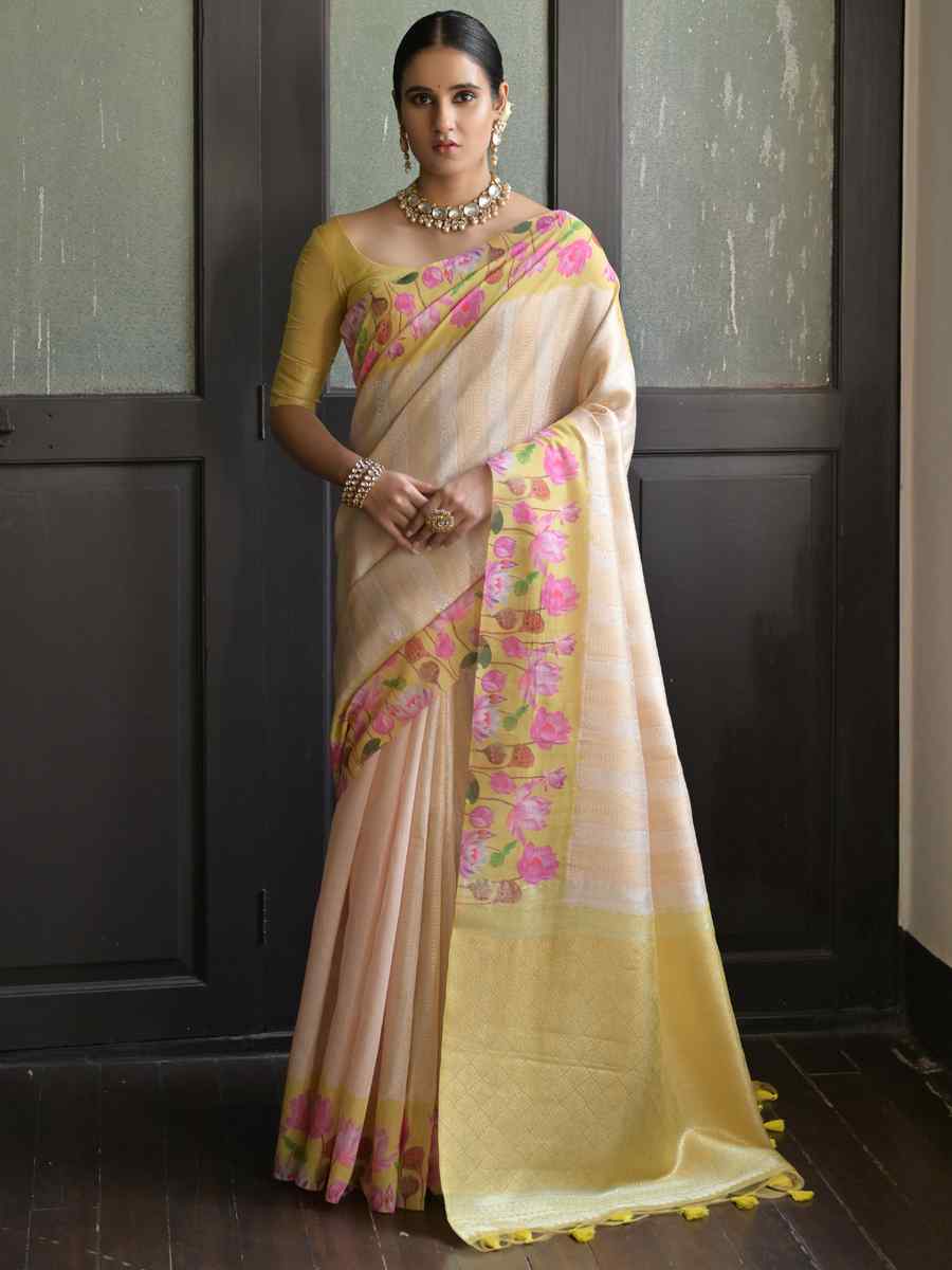 Cream Banarasi Silk Printed Festival Casual Contemporary Saree