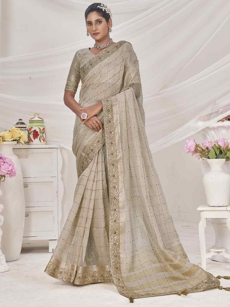 Cream Banarasi Zari Silk Embroidered Wedding Festival Heavy Border Saree