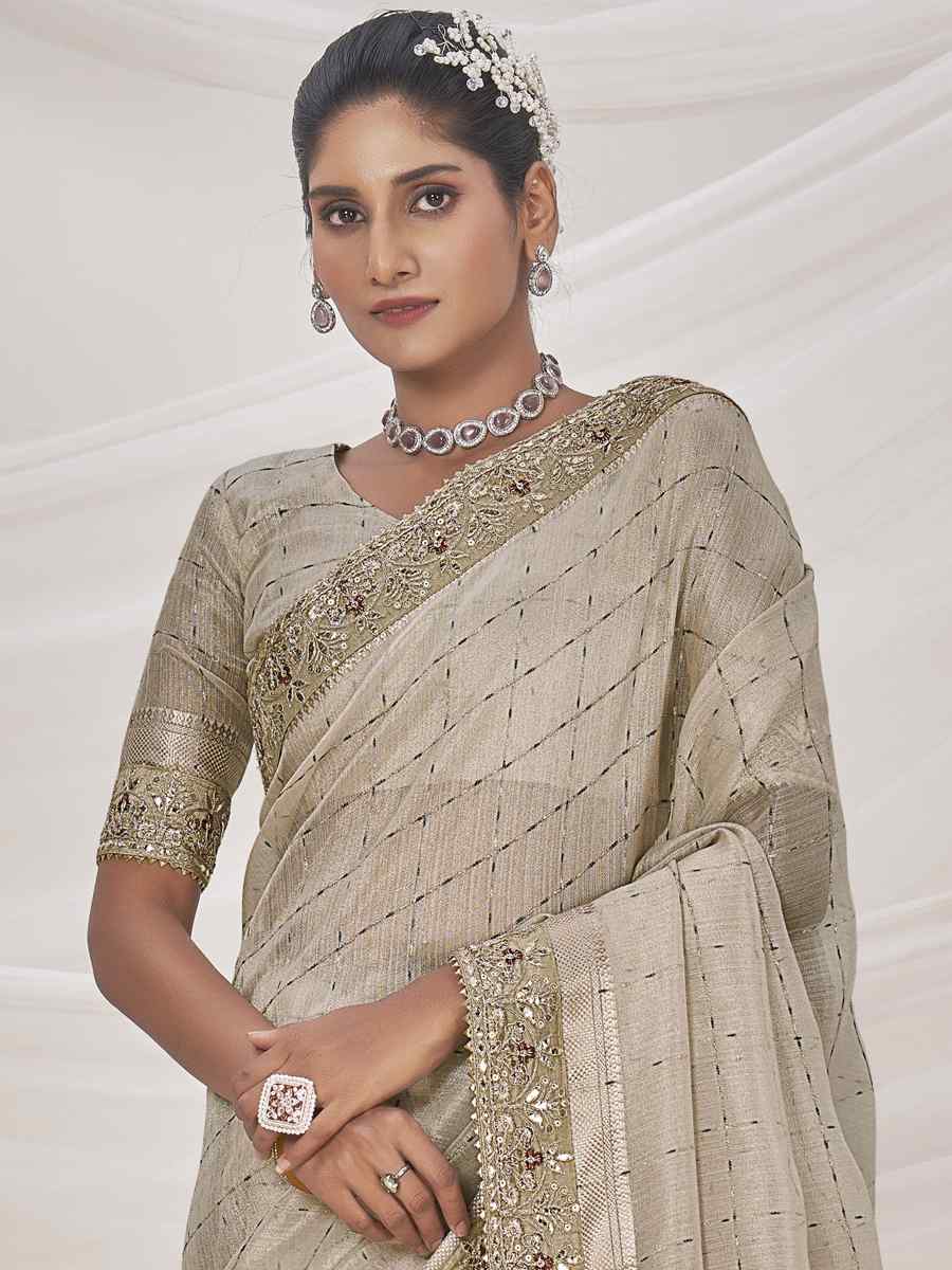 Cream Banarasi Zari Silk Embroidered Wedding Festival Heavy Border Saree