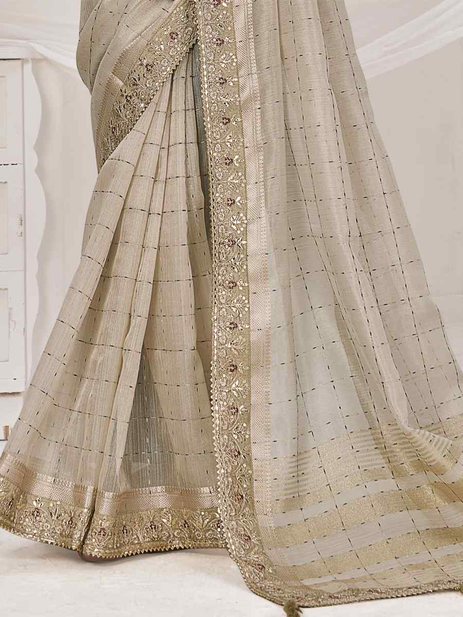 Cream Banarasi Zari Silk Embroidered Wedding Festival Heavy Border Saree