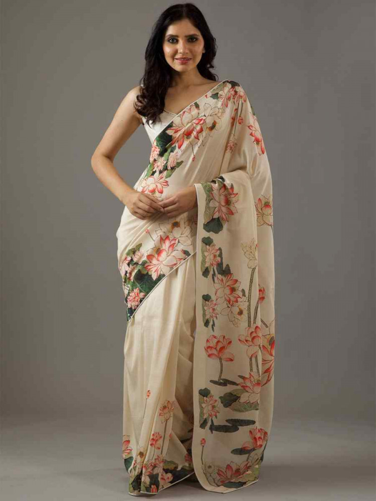 Cream Bright Moss Printed Festival Party Contemporary Saree