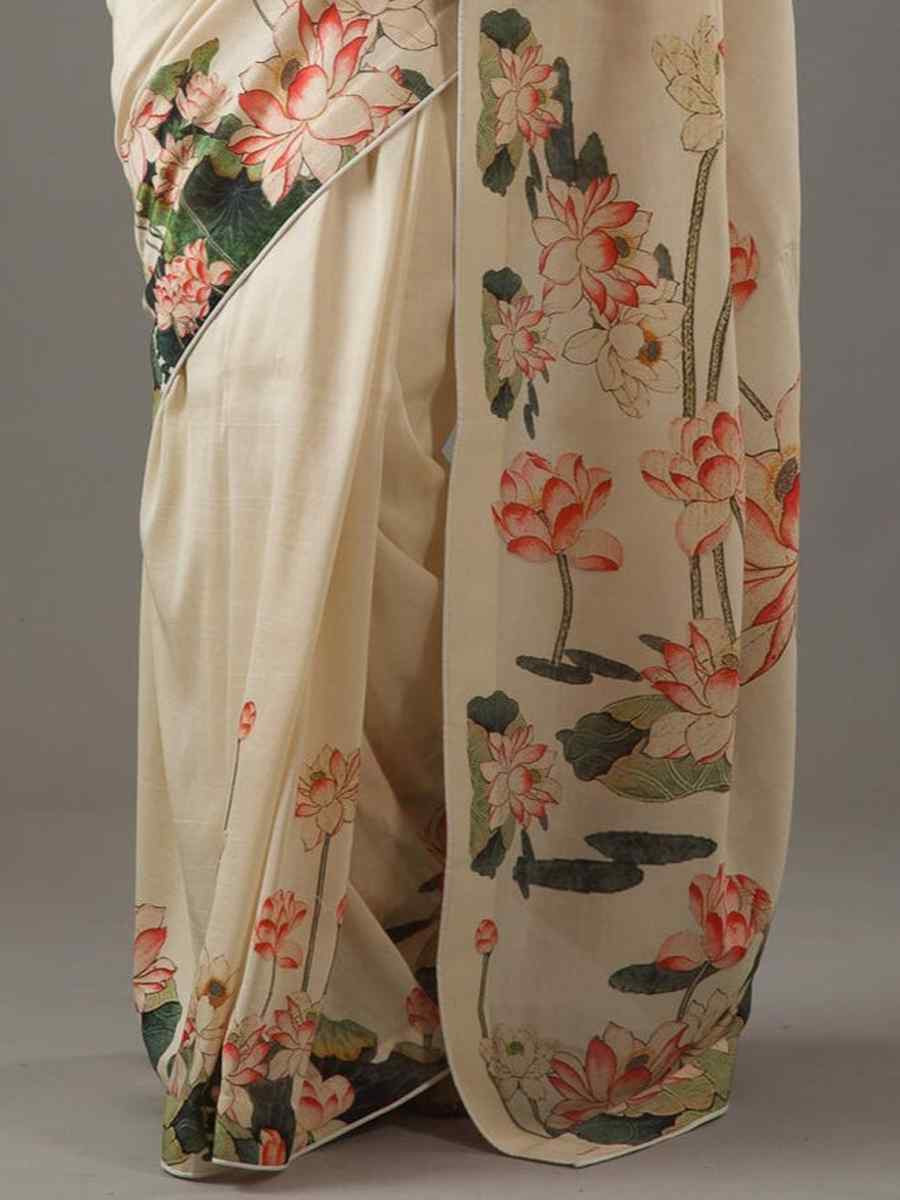 Cream Bright Moss Printed Festival Party Contemporary Saree