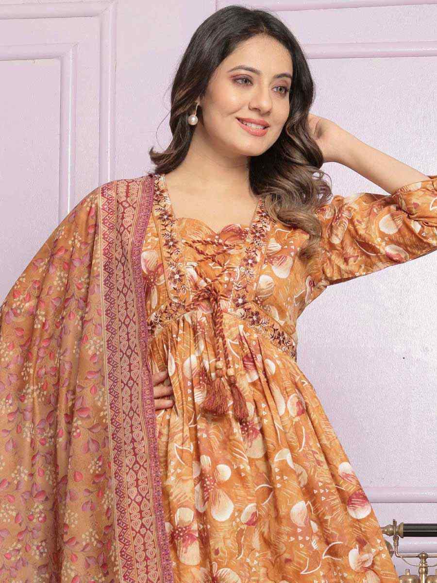 Cream Cambric Cotton Embroidered Festival Mehendi Ready Anarkali Salwar Kameez