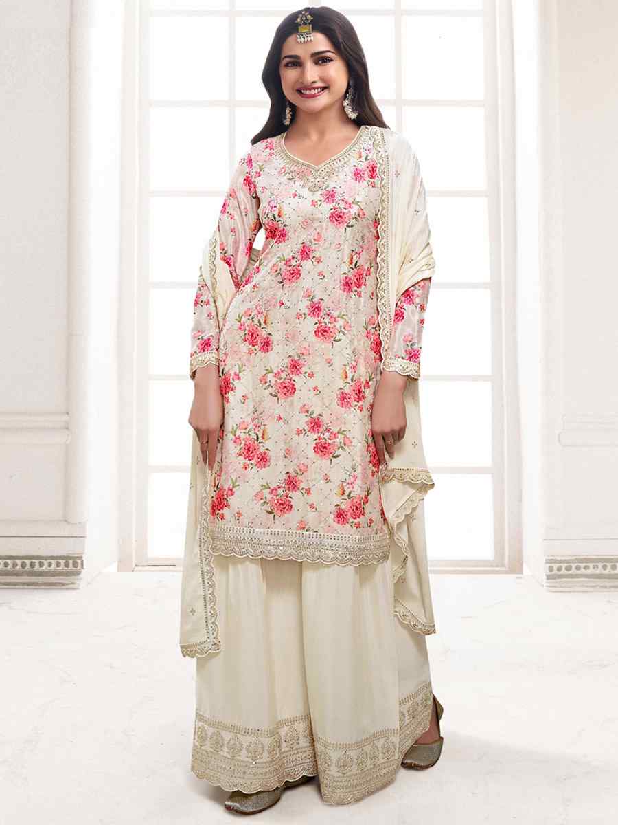 Cream Chinon Embroidered Festival Wedding Sharara Pant Salwar Kameez