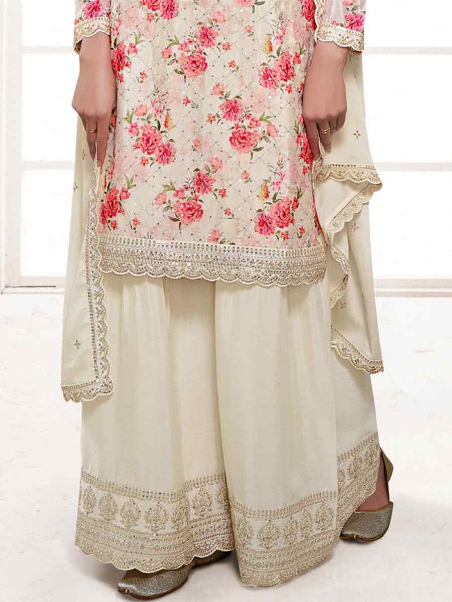 Cream Chinon Embroidered Festival Wedding Sharara Pant Salwar Kameez